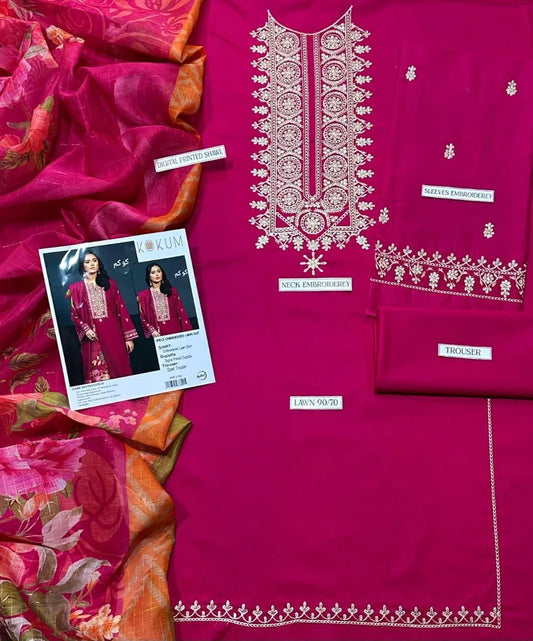 Pink Embroidered Lawn 3Pcs Set with Dupatta